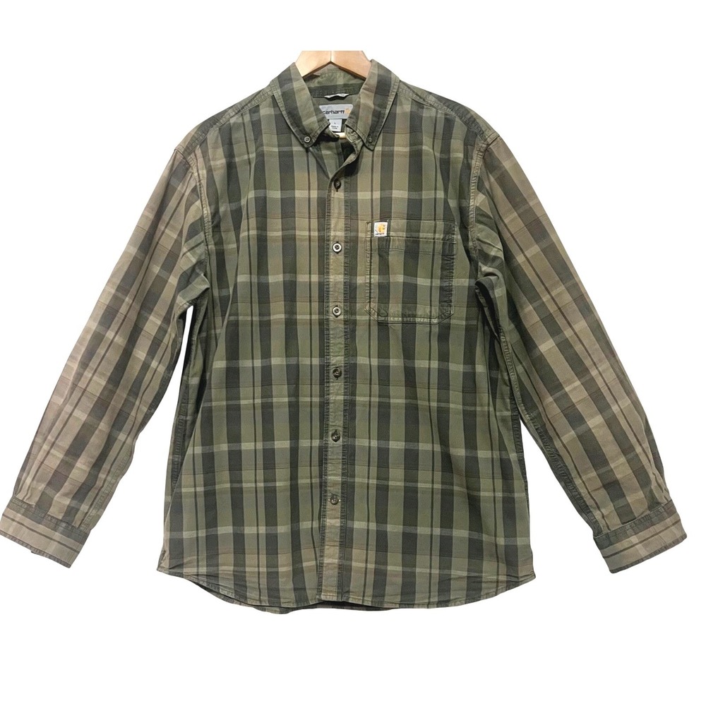 Carhartt Mens Relaxed Fit Plaid Button Down Shirt Olive Green LS Streetwear Sz L